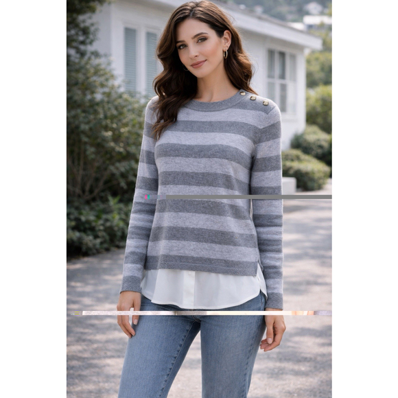 Tommy Hilfiger Sweaters - Tommy Hilfiger Gray Striped Knit Sweater Gold Button Shoulder Size S